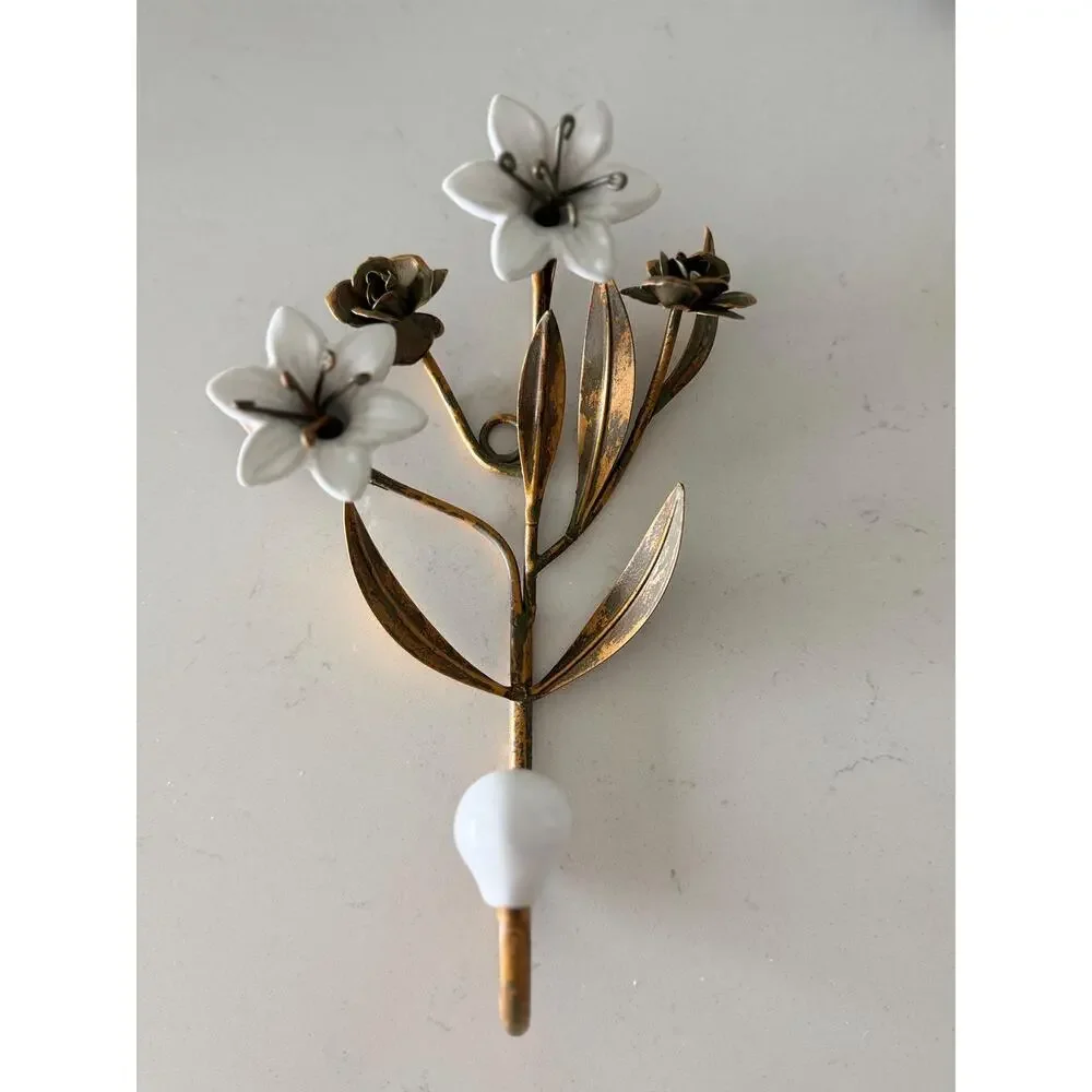 Vintage Italian Tole Wall Hook White Porcelain Lilies Gilt Florentine Decor